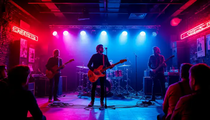 нарисуй создай реалистичную фотографию сцены The Rock Bar вечером под яркими прожекторами, на ней выступает кавер-группа в стиле нулевых, камера со зрителями в полутемном зале, атмосфера ностальгии и драйва 
